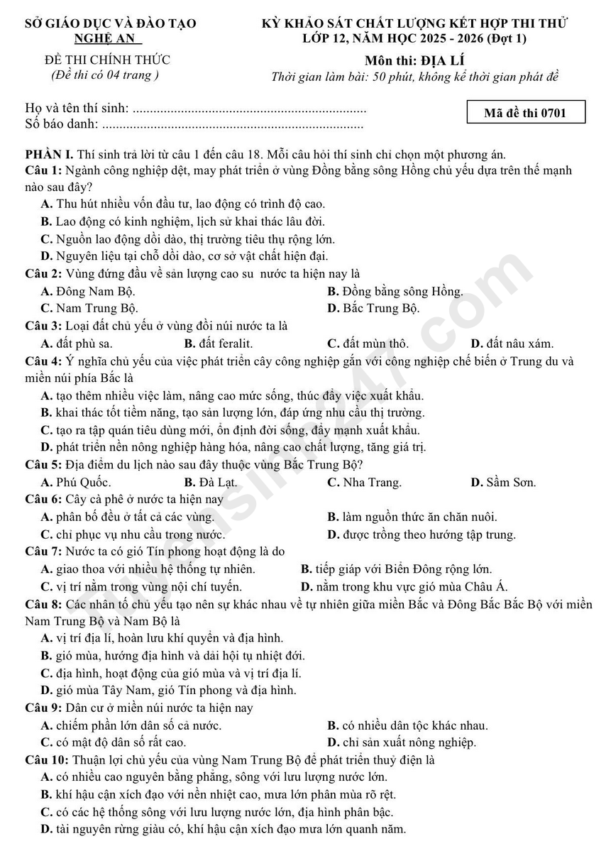 De thi thu mon Dia tot nghiep THPT 2026 - So GD Nghe An (Dot 1)