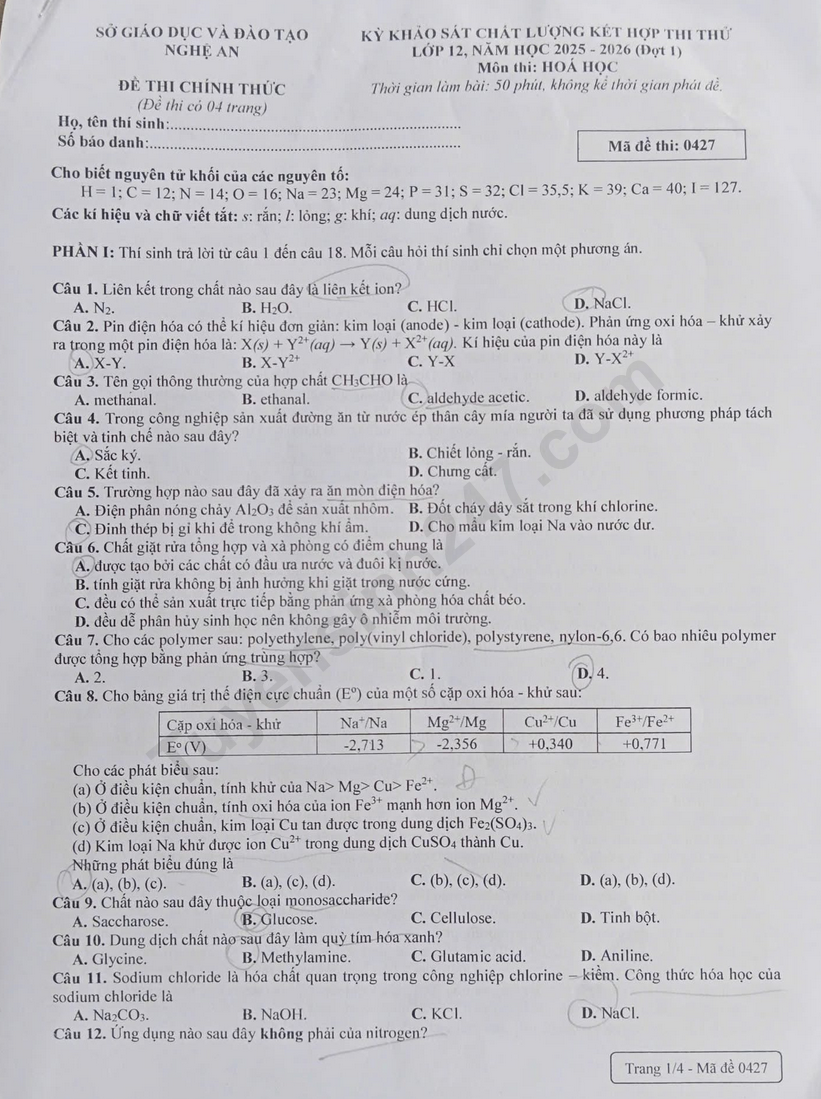 De thi thu tot nghiep THPT 2026 mon Hoa - So GD Nghe An (Dot 1)