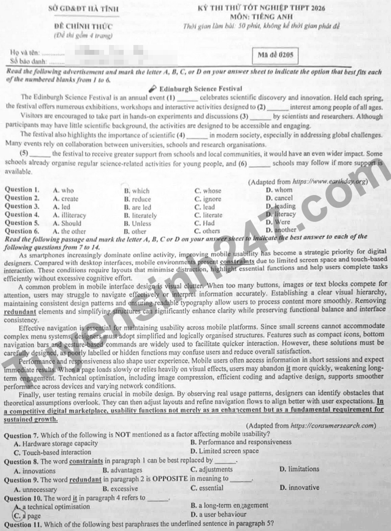 De thi thu tot nghiep THPT nam 2026 mon Anh- So GD Ha Tinh