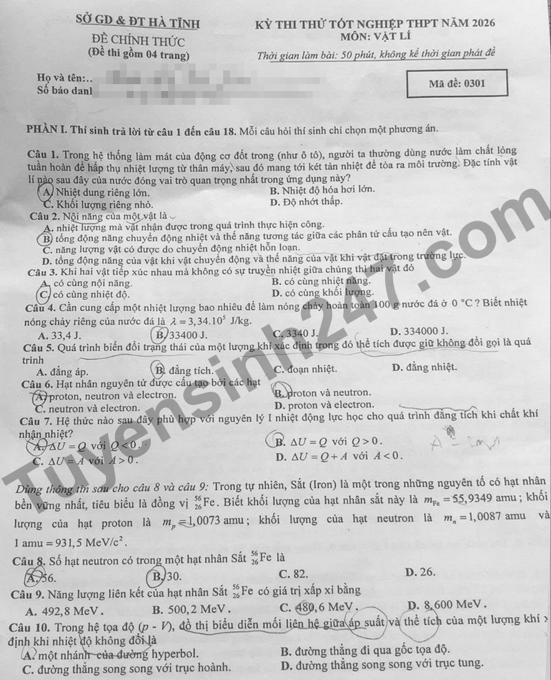 De thi thu tot nghiep THPT mon Ly nam 2026- So GD Ha Tinh