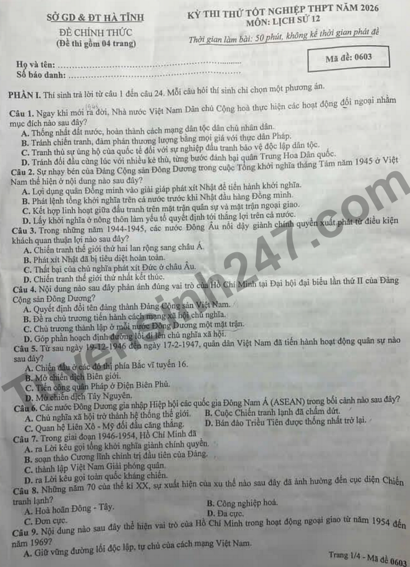 De thi thu tot nghiep THPT mon Su nam 2026- So GD Ha Tinh