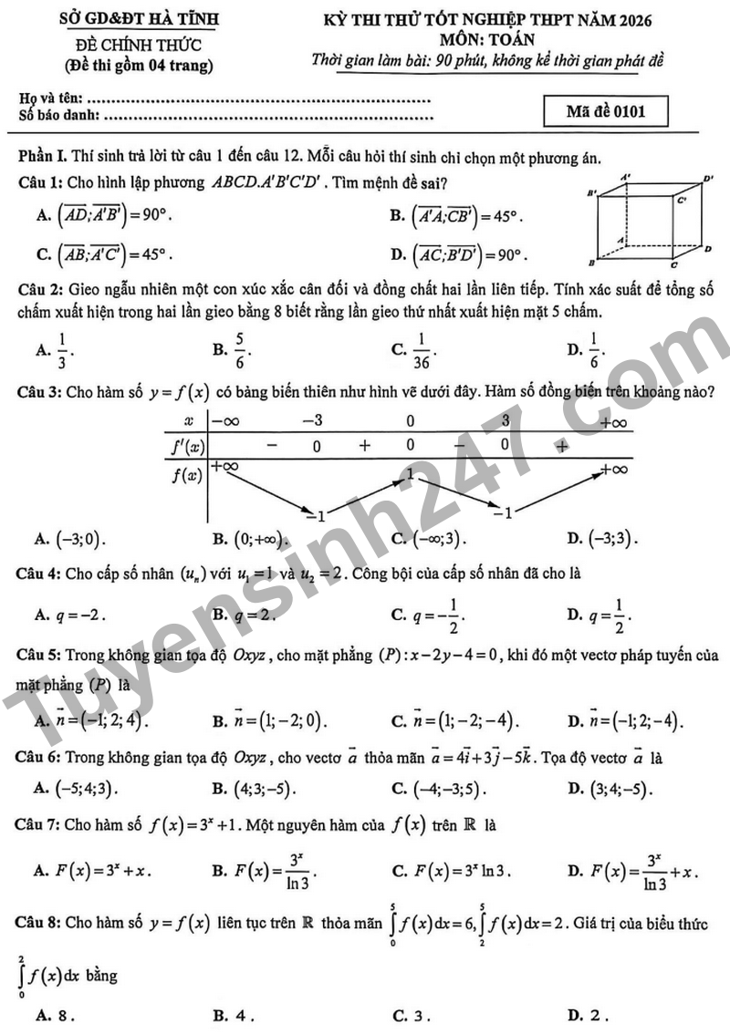 De thi thu tot nghiep THPT mon Toan so GD&DT Ha Tinh nam 2026 (Co dap an)