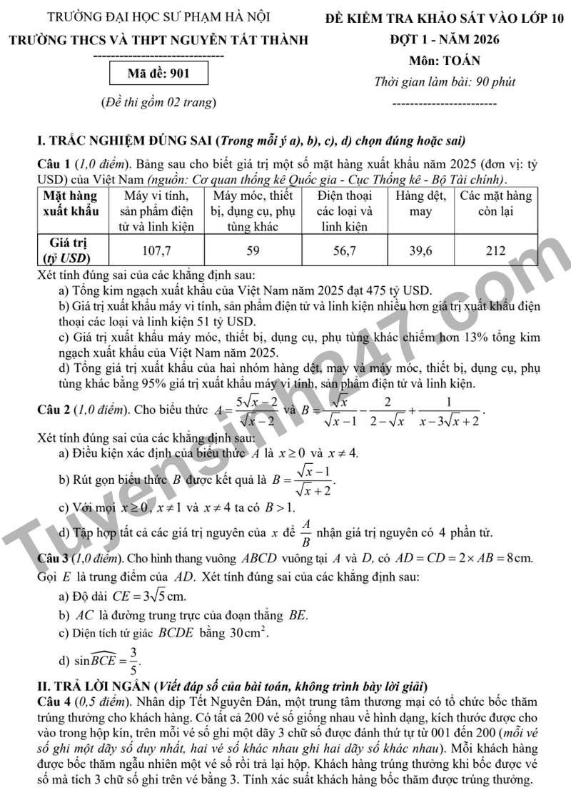 De khao sat Toan vao 10 nam 2026 truong Nguyen Tat Thanh (Co dap an)