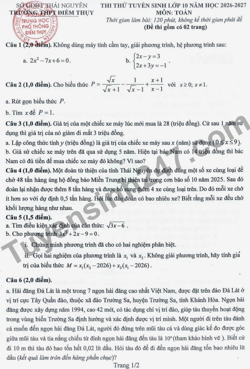 De thi thu vao 10 nam 2026 truong THPT Diem Thuy (Co dap an)