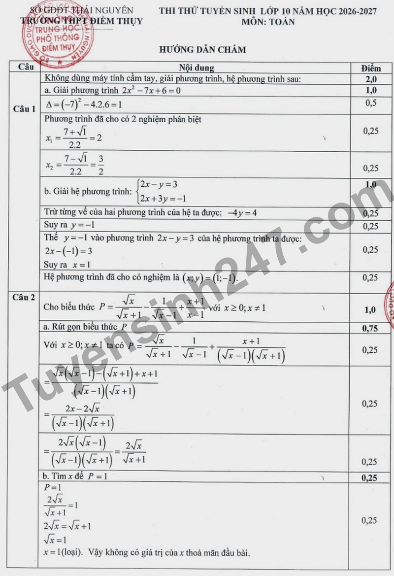 De thi thu vao 10 nam 2026 truong THPT Diem Thuy (Co dap an)