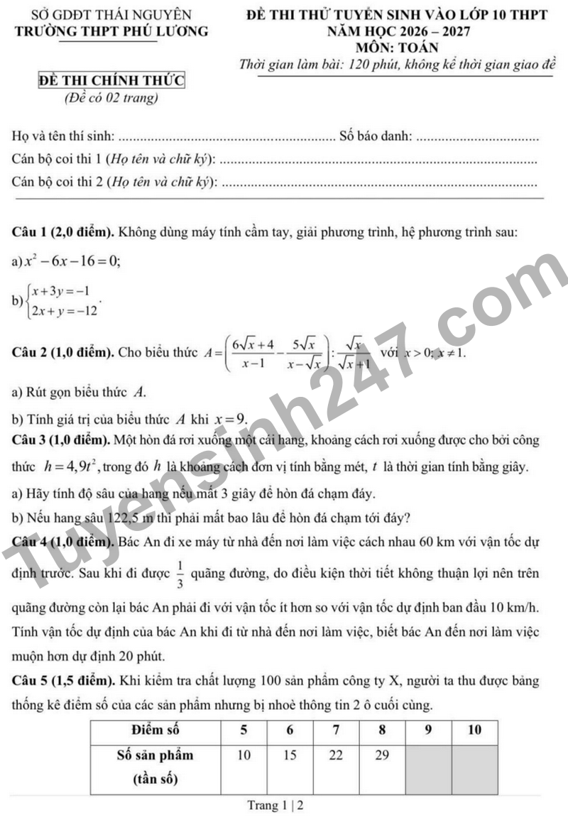 De thi thu vao 10 nam 2026 truong THPT Phu Luong (Co dap an)