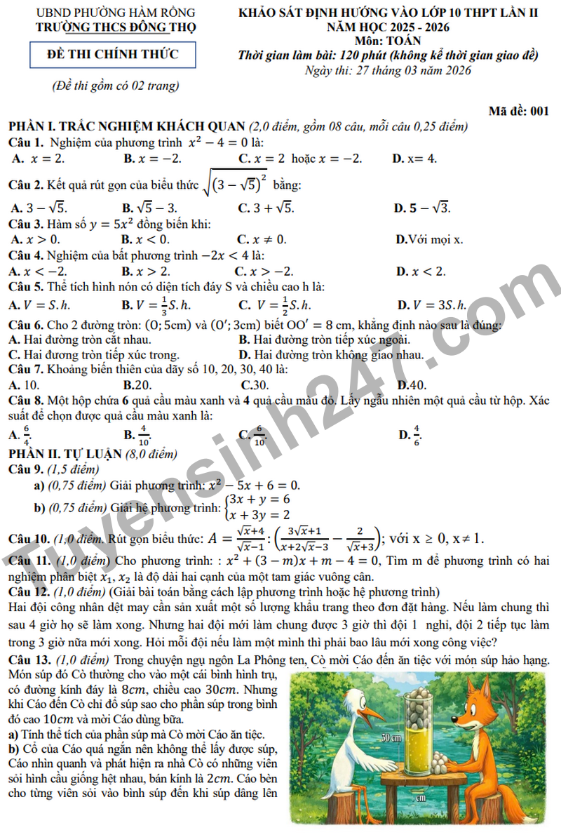 De khao sat vao 10 nam 2026 truong THCS Dong Tho (Co dap an)