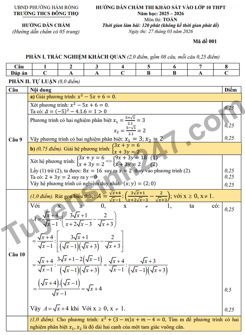 De khao sat vao 10 nam 2026 truong THCS Dong Tho (Co dap an)