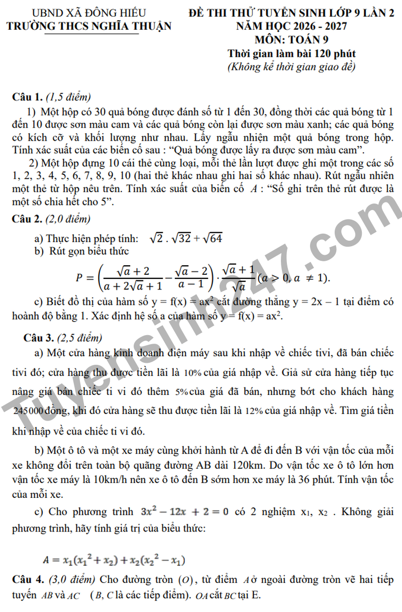 De thi thu Toan vao 10 nam 2026 truong THCS Nghia Thuan (Co dap an)