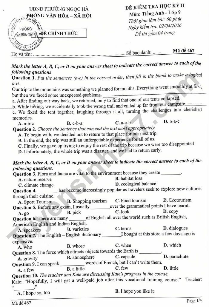 De thi hoc ki 2 lop 9 mon Anh 2026 - phuong Ngoc Ha