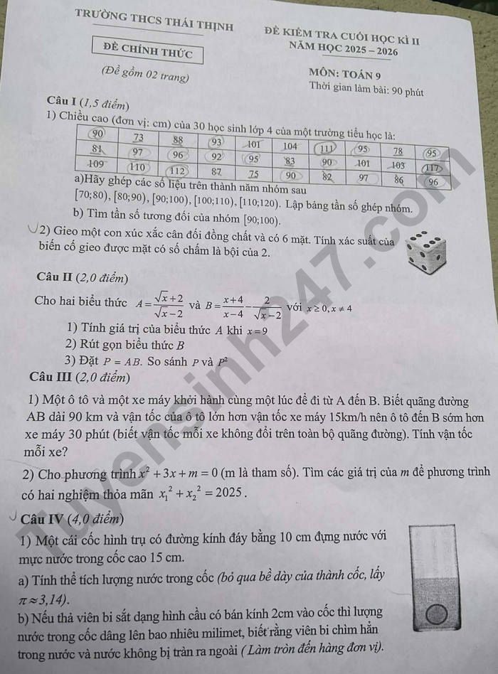 De thi hoc ki 2 mon Toan 9 THCS Thai Thinh 2026