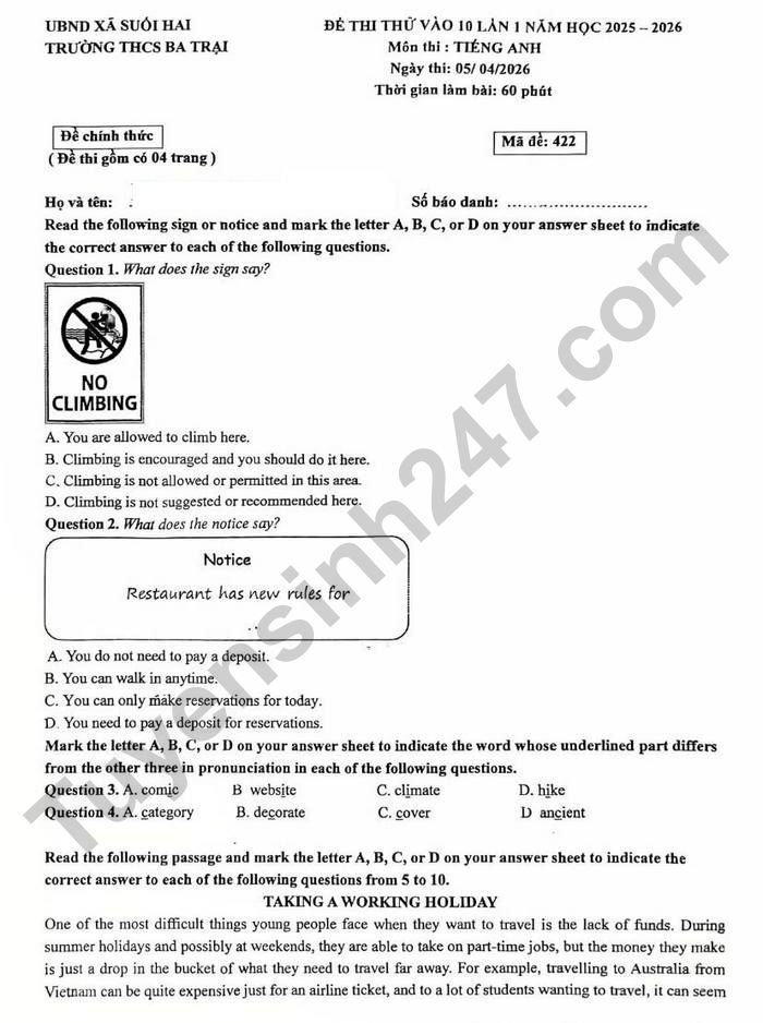 De thi thu vao lop 10 mon Anh 2026 - THCS Ba Trai (lan 1)