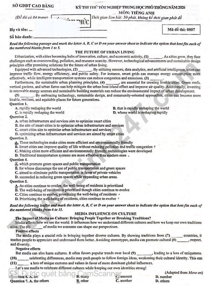 De thi thu tot nghiep THPT 2026 So GD Cao Bang - mon Anh