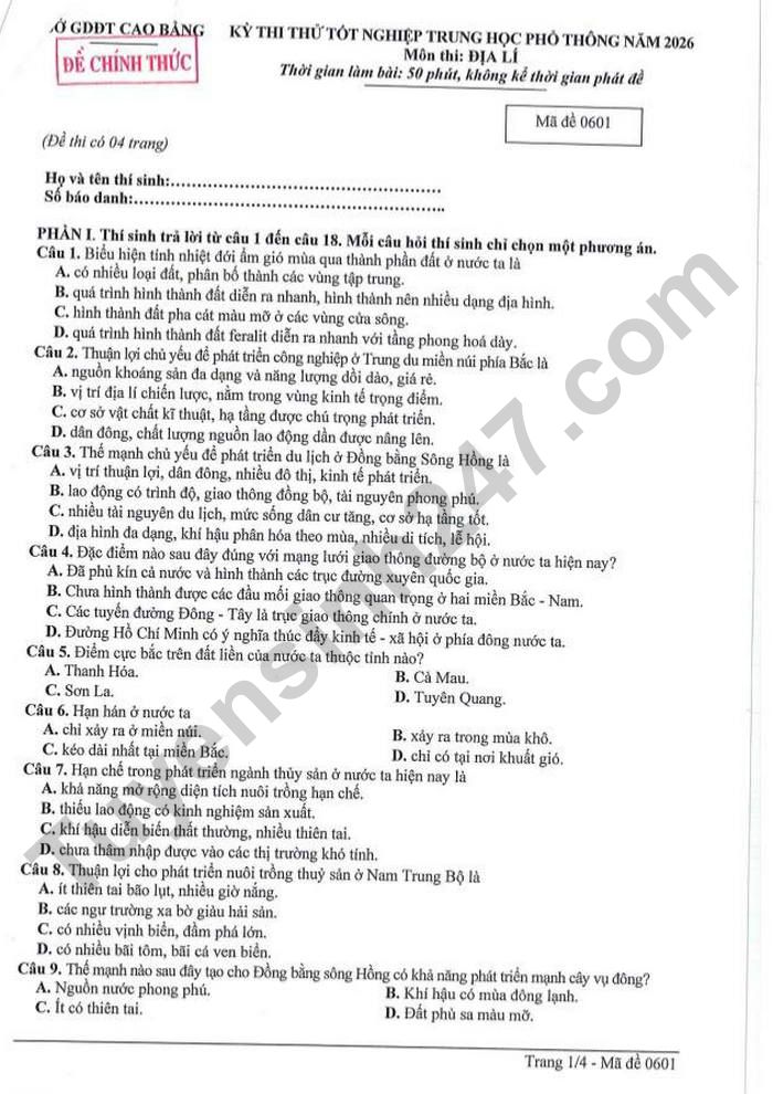 De thi thu TN THPT 2026 mon Dia - So GDDT Cao Bang