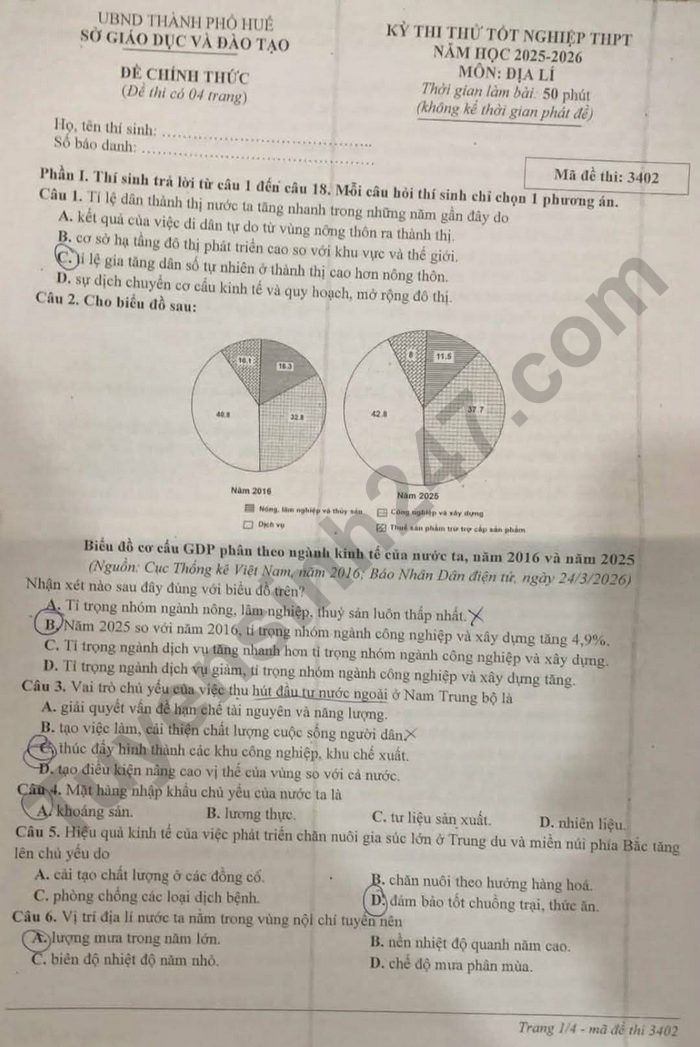 De thi thu tot nghiep THPT mon Dia - Thanh pho Hue 2026