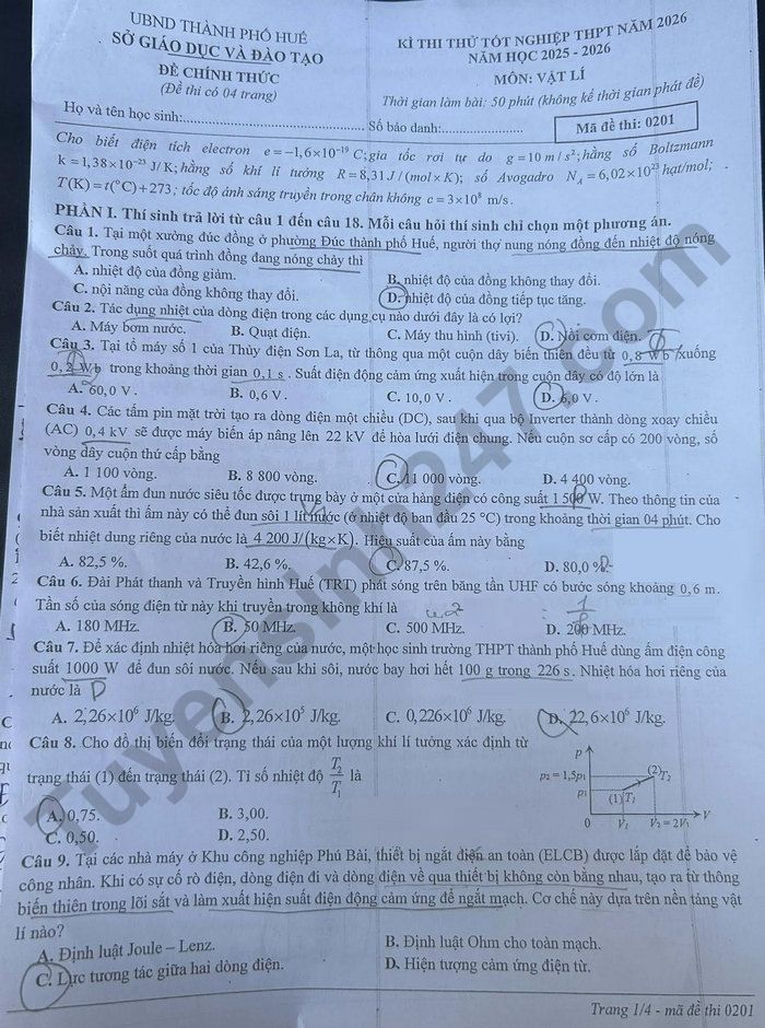 De thi thu TN THPT nam 2026 mon Ly - Thanh pho Hue