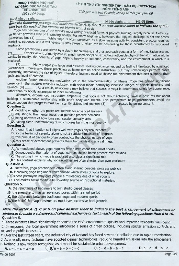 De thi thu tot nghiep THPT 2026 mon Anh - TP Hue