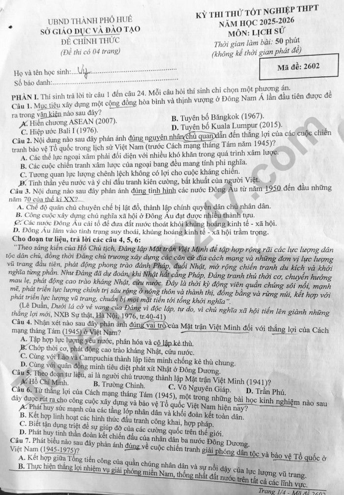 De thi thu mon Su tot nghiep THPT 2026 thanh pho Hue