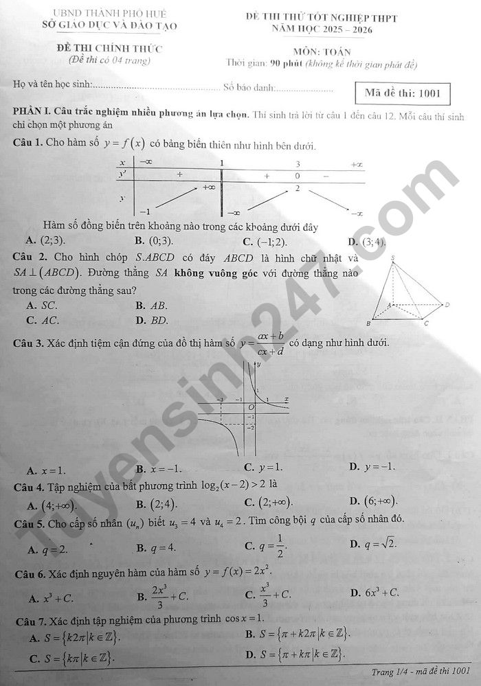 De thi thu tot nghiep THPT mon Toan - TP Hue 2026