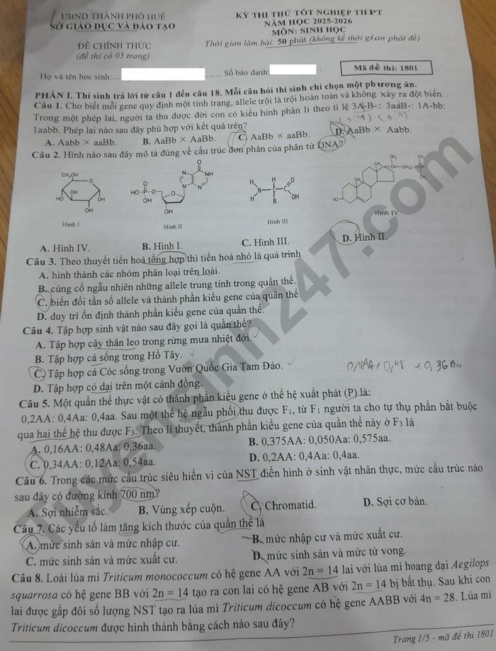 De thi thu tot nghiep THPT mon Sinh 2026 - TP Hue