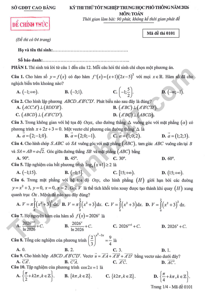 De thi thu tot nghiep THPT 2026 mon Toan - So GDDT Cao Bang