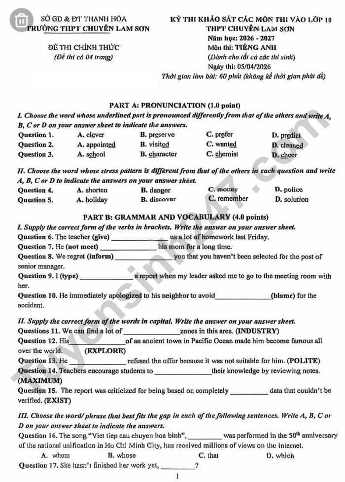 De thi thu vao lop 10 mon Anh 2026 - THPT Chuyen Lam Son