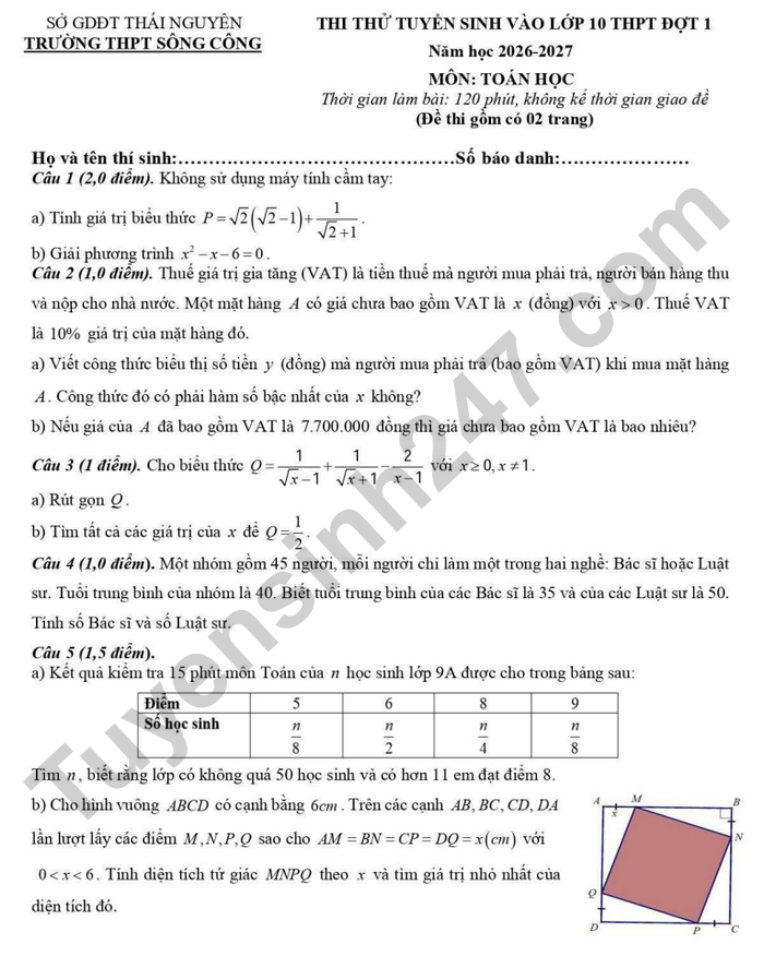 De thi thu vao lop 10 mon Toan 2026 - THPT Song Cong (co dap an)
