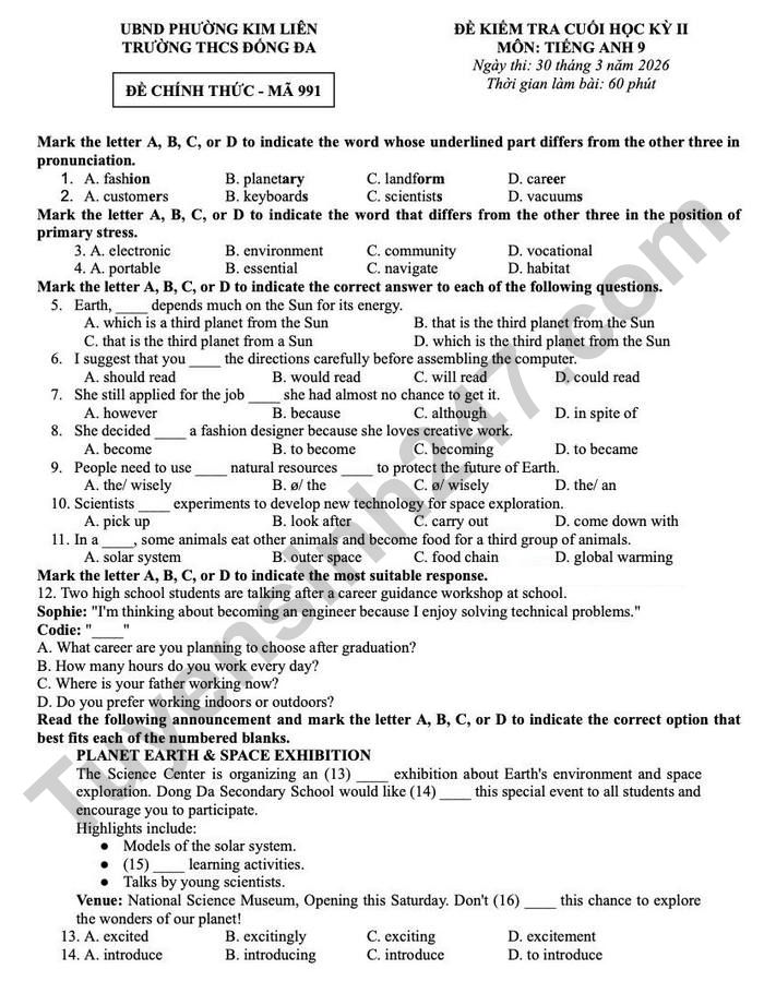 De thi hoc ki 2 lop 9 mon Anh 2026 - THCS Dong Da