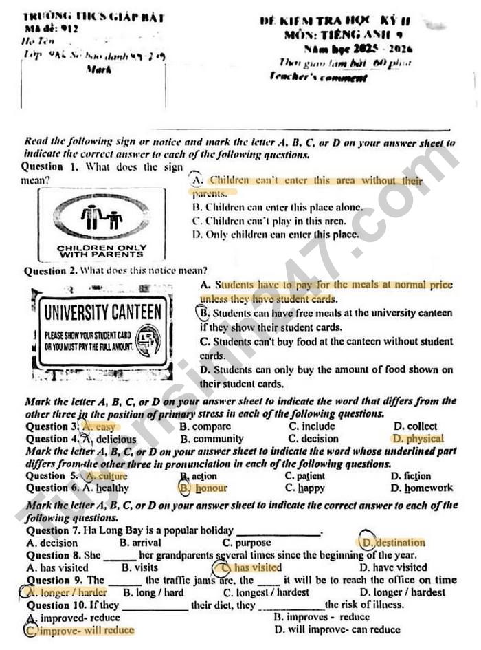 De thi hoc ki 2 lop 9 mon Anh 2026 - THCS Giap Bat