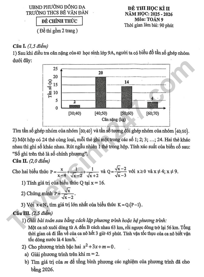 De thi hoc ki 2 Toan lop 9 THCS Be Van Dan 2026