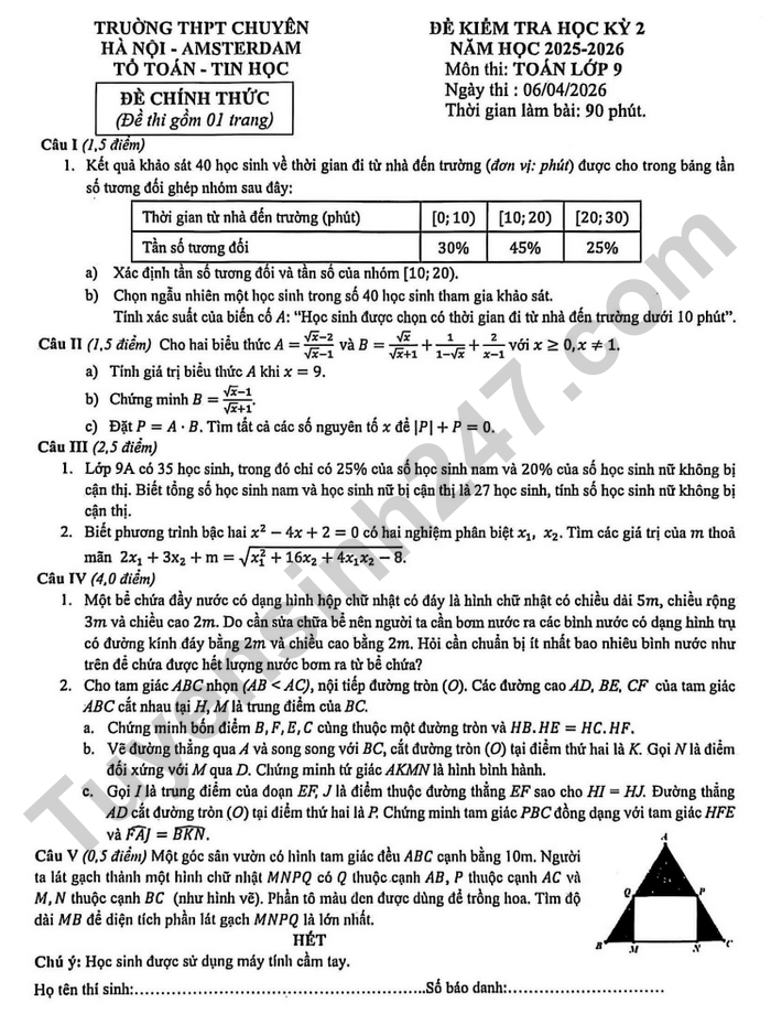 De thi hoc ki 2 lop 9 mon Toan 2026 - THPT Chuyen Ha Noi-Amsterdam