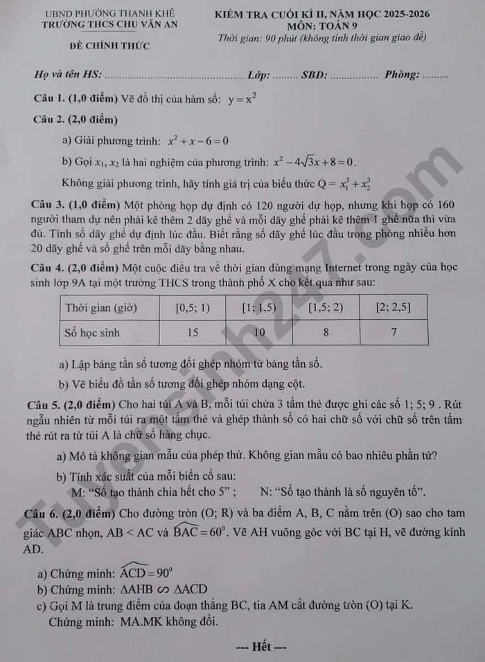 De thi cuoi ki 2 mon Toan 9 THCS Chu Van An 2026
