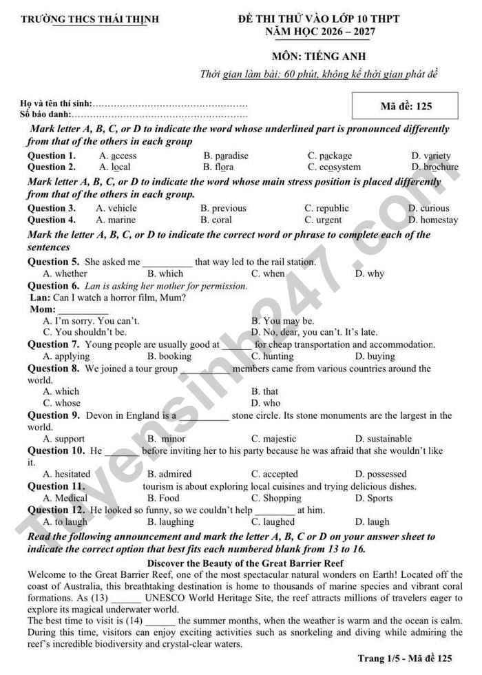De thi thu vao lop 10 mon Anh 2026 - THCS Thai Thinh