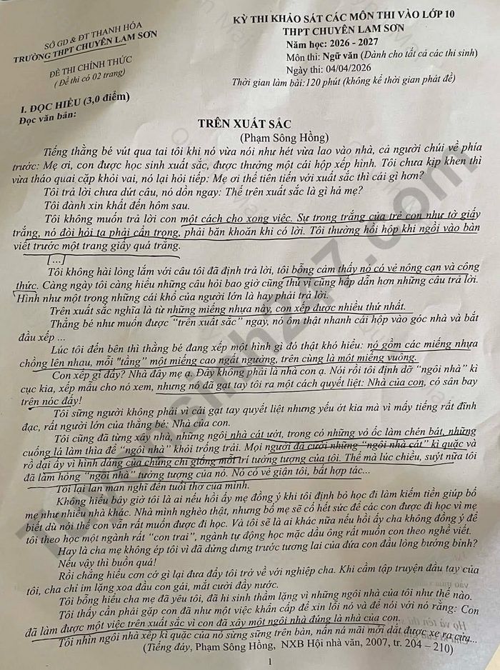 De thi thu mon Van vao lop 10 nam 2026 - THPT Chuyen Lam Son