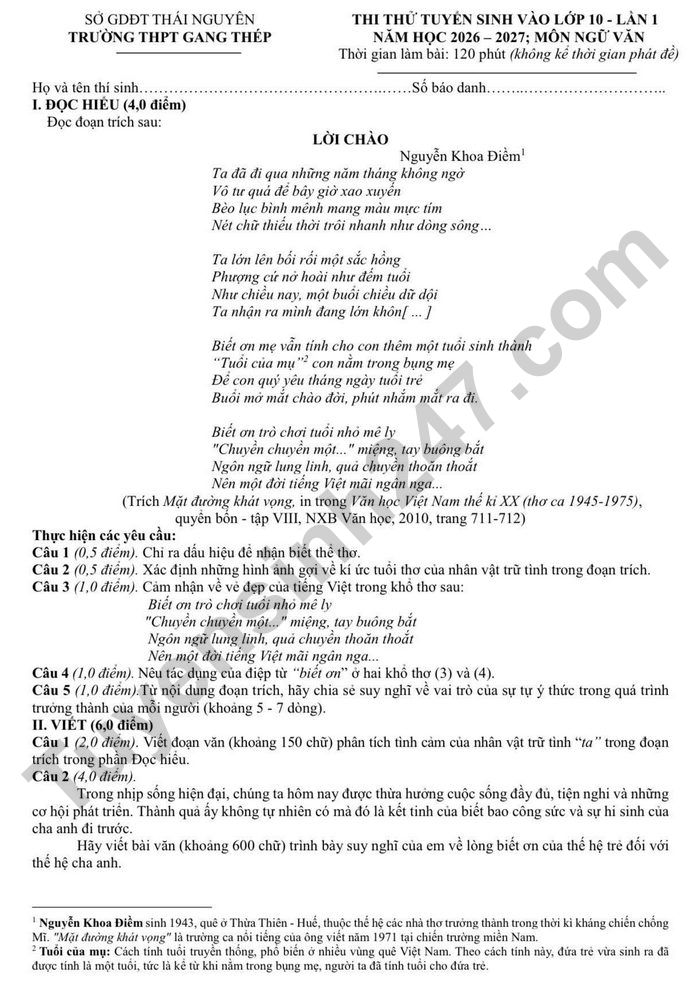 De thi thu vao lop 10 mon Van 2026 lan 1 - THPT Gang Thep (co dap an)