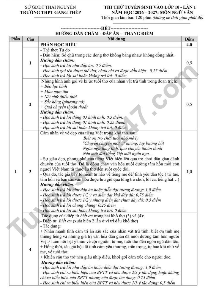 De thi thu vao lop 10 mon Van 2026 lan 1 - THPT Gang Thep (co dap an)