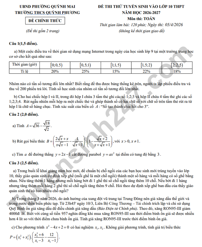 De thi thu vao lop 10 mon Toan 2026 - THCS Quynh Phuong (co dap an)