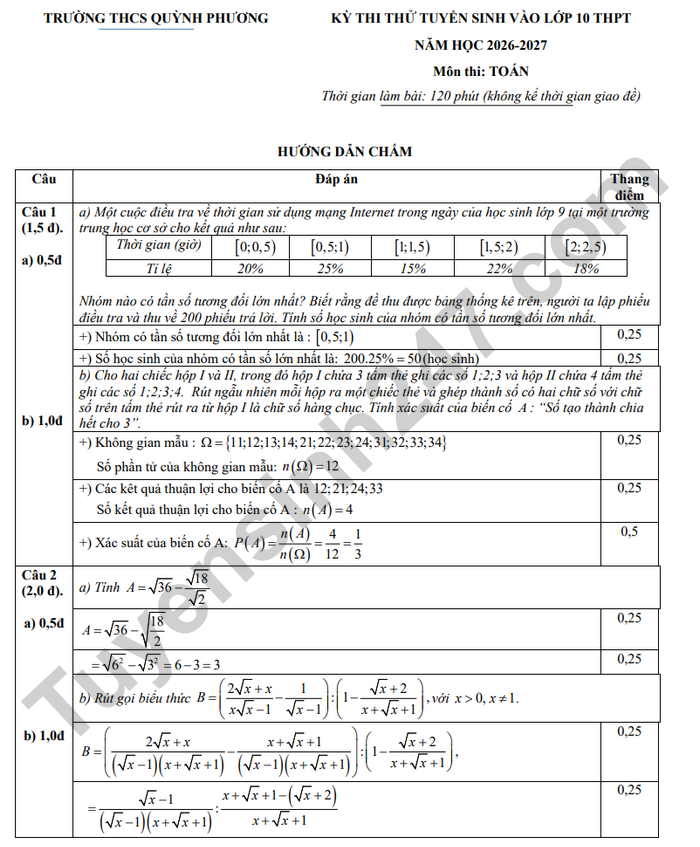 De thi thu vao lop 10 mon Toan 2026 - THCS Quynh Phuong (co dap an)