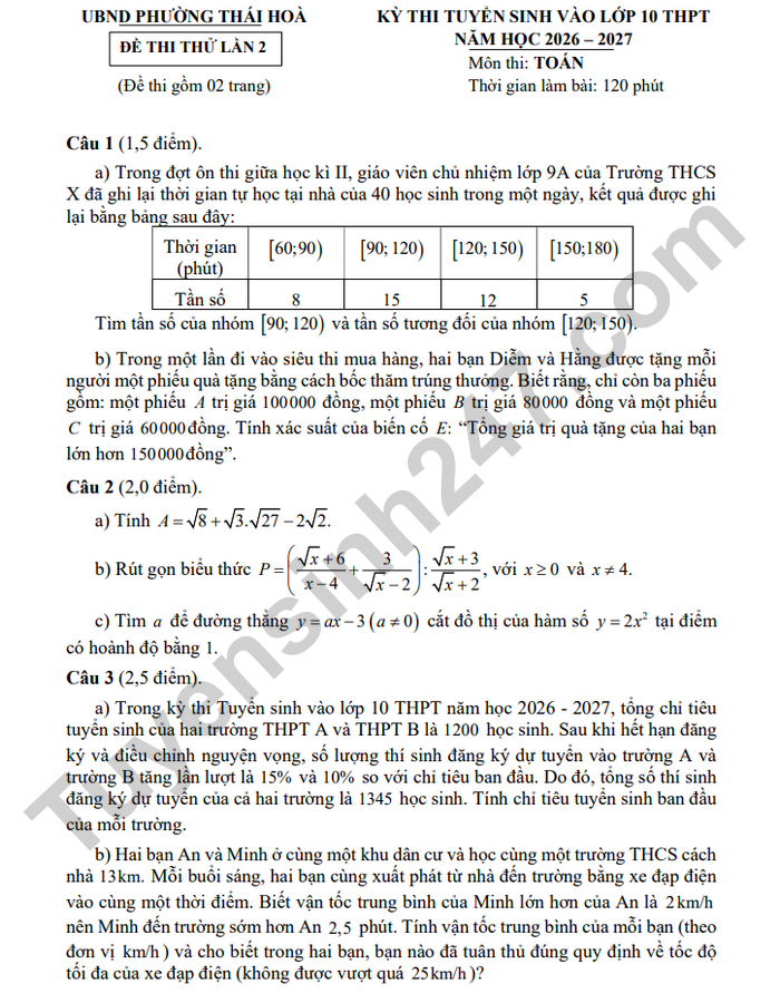 De thi thu mon Toan vao lop 10 lan 2 nam 2026 - THCS Hoa Hieu 2