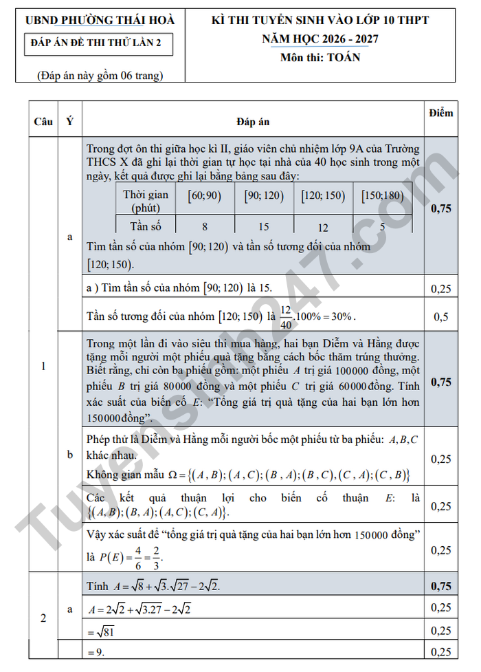 De thi thu mon Toan vao lop 10 lan 2 nam 2026 - THCS Hoa Hieu 2