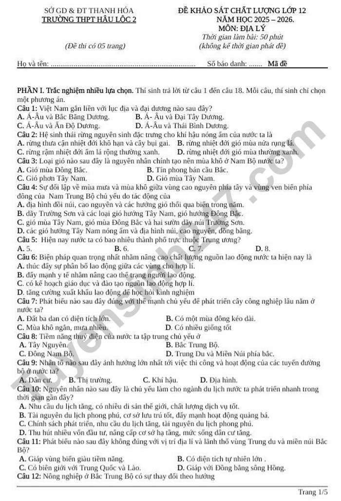 De thi thu TN THPT mon Dia 2026 - THPT Hau Loc 2