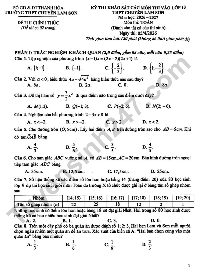 De thi thu vao lop 10 mon Toan - THPT Chuyen Lam Son 2026