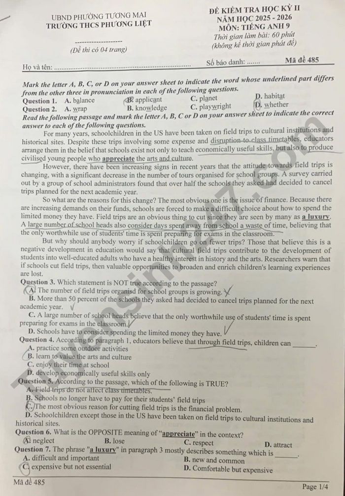 De thi hoc ki 2 mon Anh lop 9 THCS Phuong Liet 2026