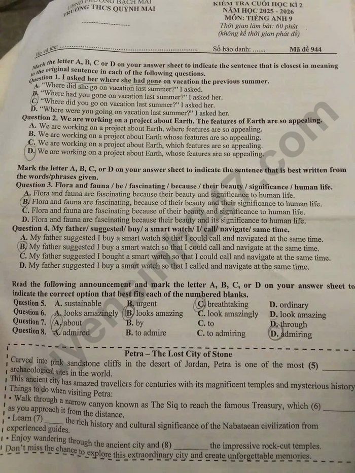 De thi cuoi ki 2 lop 9 mon Anh 2026 - THCS Quynh Mai