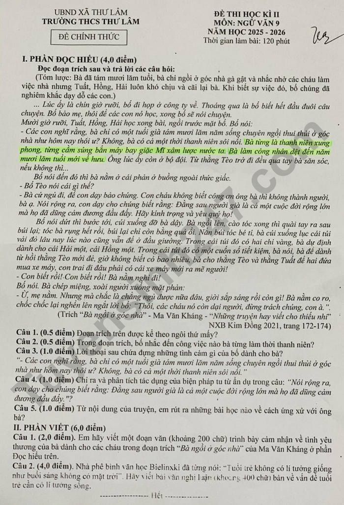 De thi hoc ki 2 mon Van 9 THCS Thu Lam nam 2026