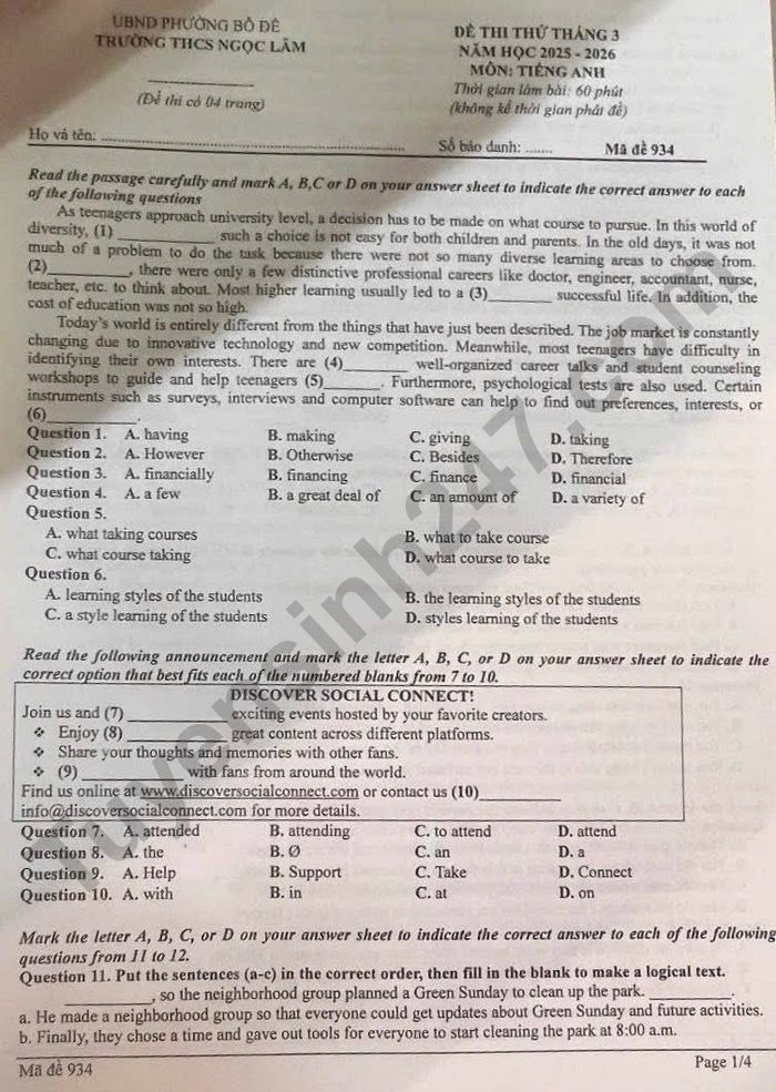 De thi thu vao lop 10 mon Anh 2026 - THCS Ngoc Lam