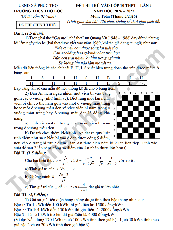 De thi thu vao lop 10 mon Toan 2026 - THCS Tho Loc (lan 3)