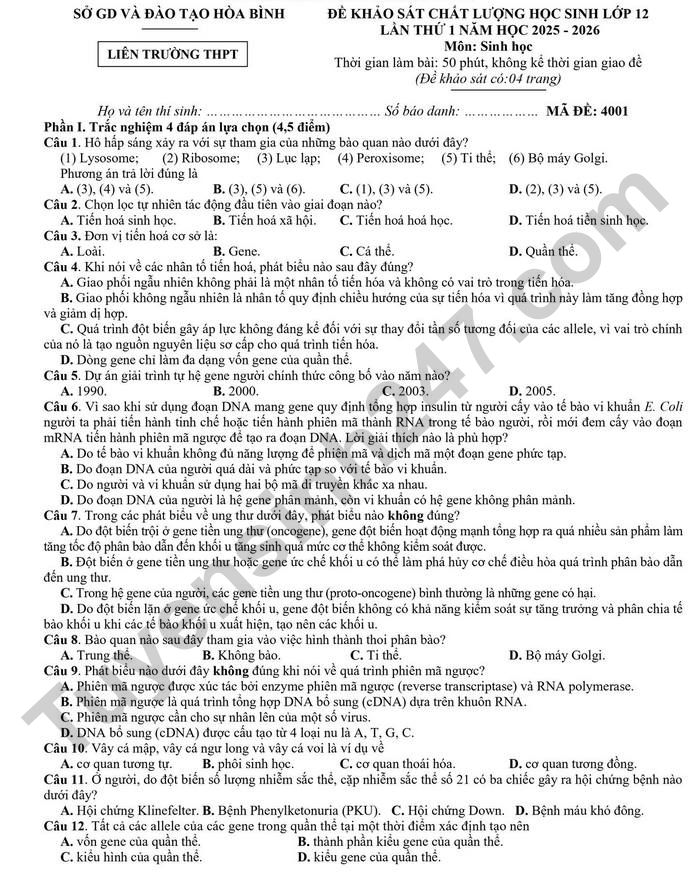 De thi thu TN THPT mon Sinh 2026 - Lien truong THPT Hoa Binh (lan 1)