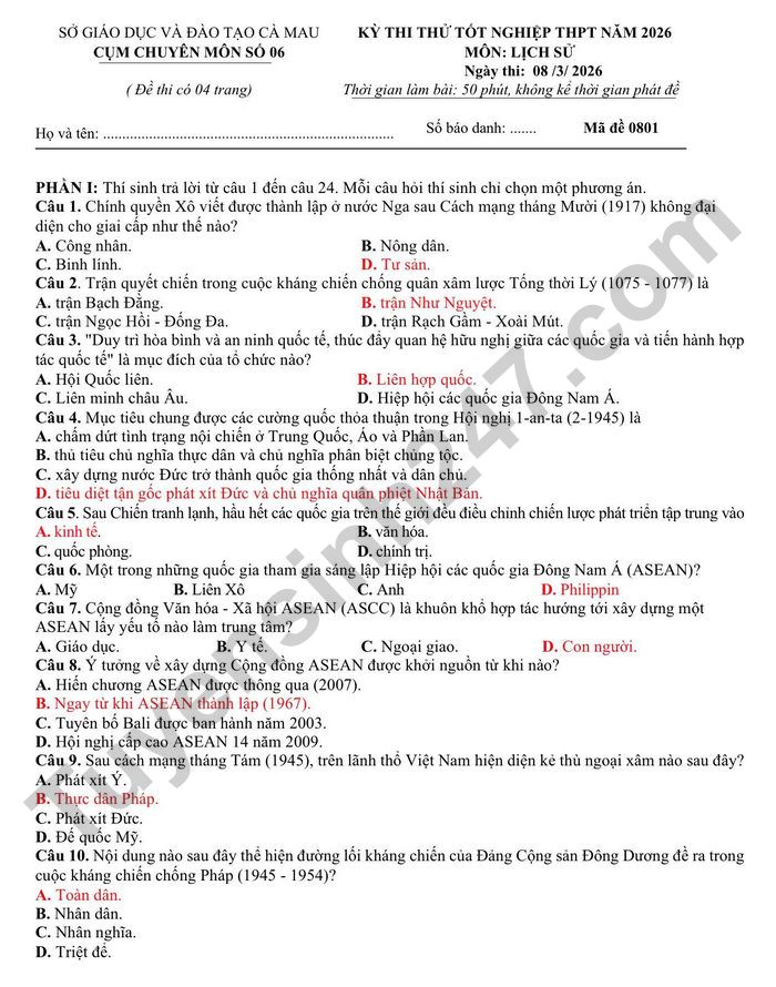 De thi thu tot nghiep THPT 2026 mon Su - Cum chuyen mon so 6 Ca Mau