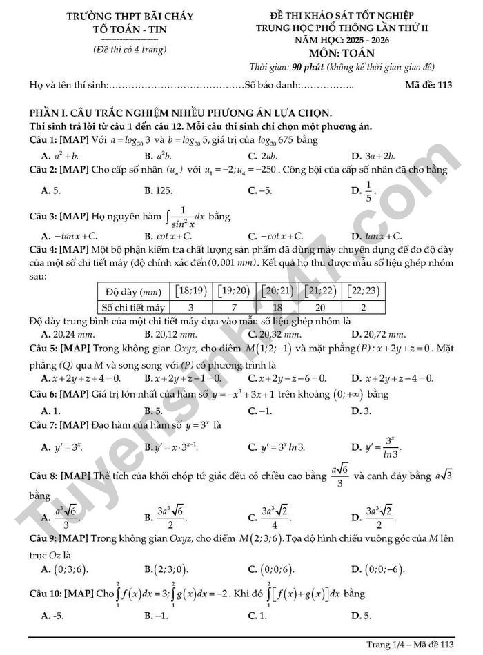 De thi thu tot nghiep THPT 2026 mon Toan - THPT Bai Chay lan 2